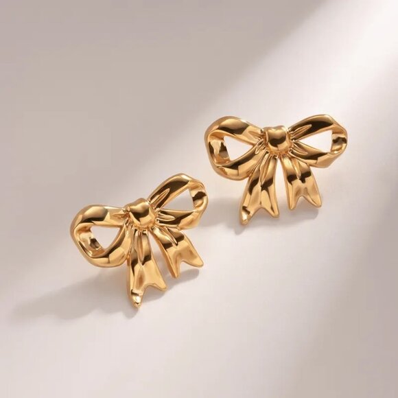 18K gold plated  bow knot stud earrings , stainless steel - Picture 1 of 5